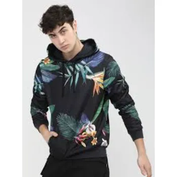 Men Black Tropical Printed Hooded Sweatshirt